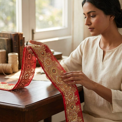 Sanskriti Vintage 1 YD Sari Border Red Georgette Trim Hand Embroidery Zari Lace