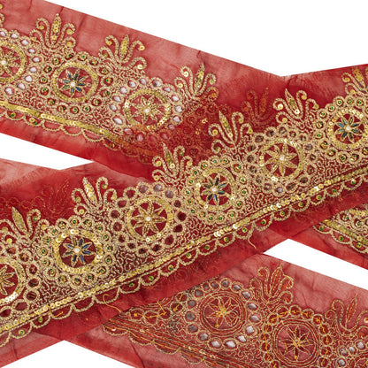Sanskriti Vintage 1 YD Sari Border Red Georgette Trim Hand Embroidery Zari Lace