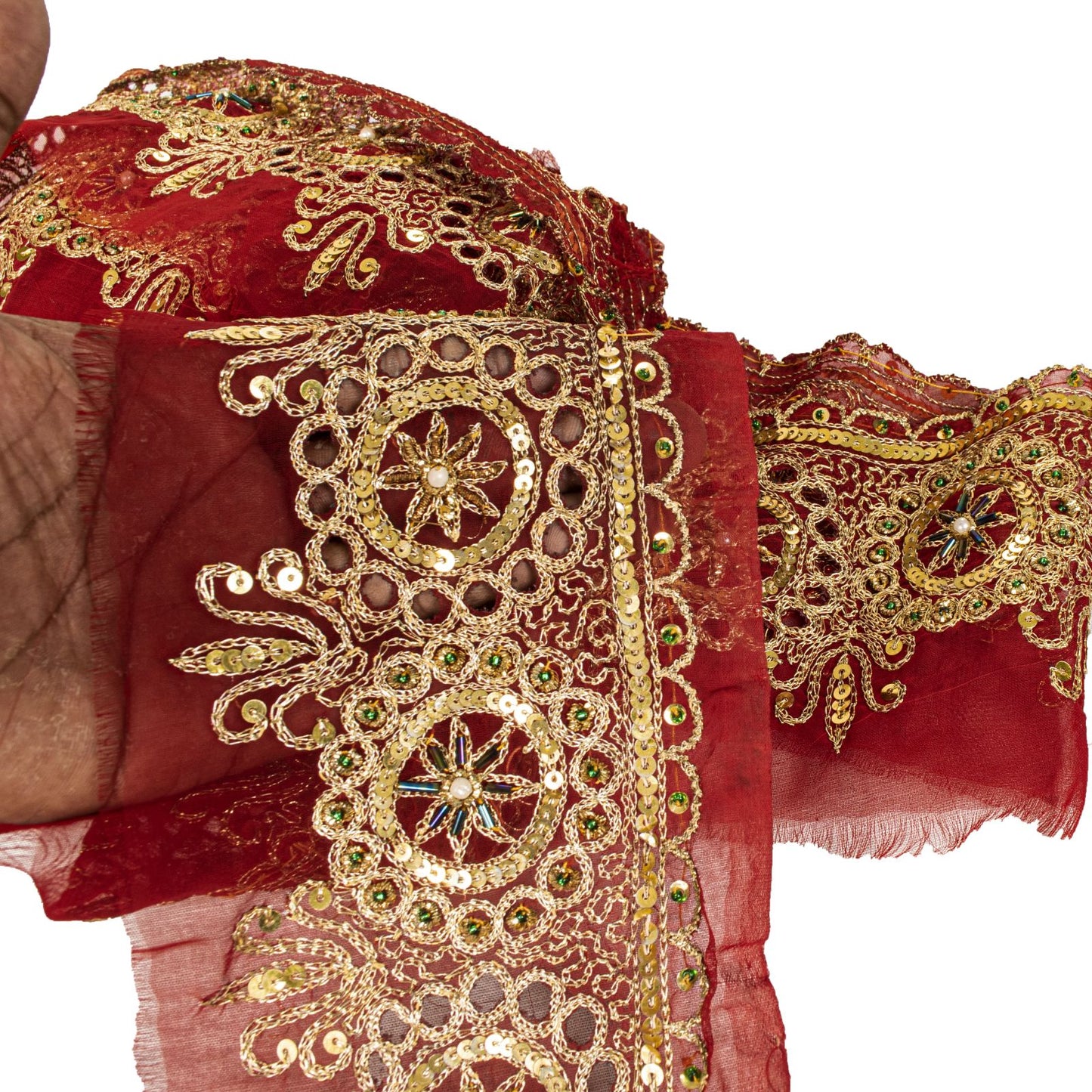 Sanskriti Vintage 1 YD Sari Border Red Georgette Trim Hand Embroidery Zari Lace