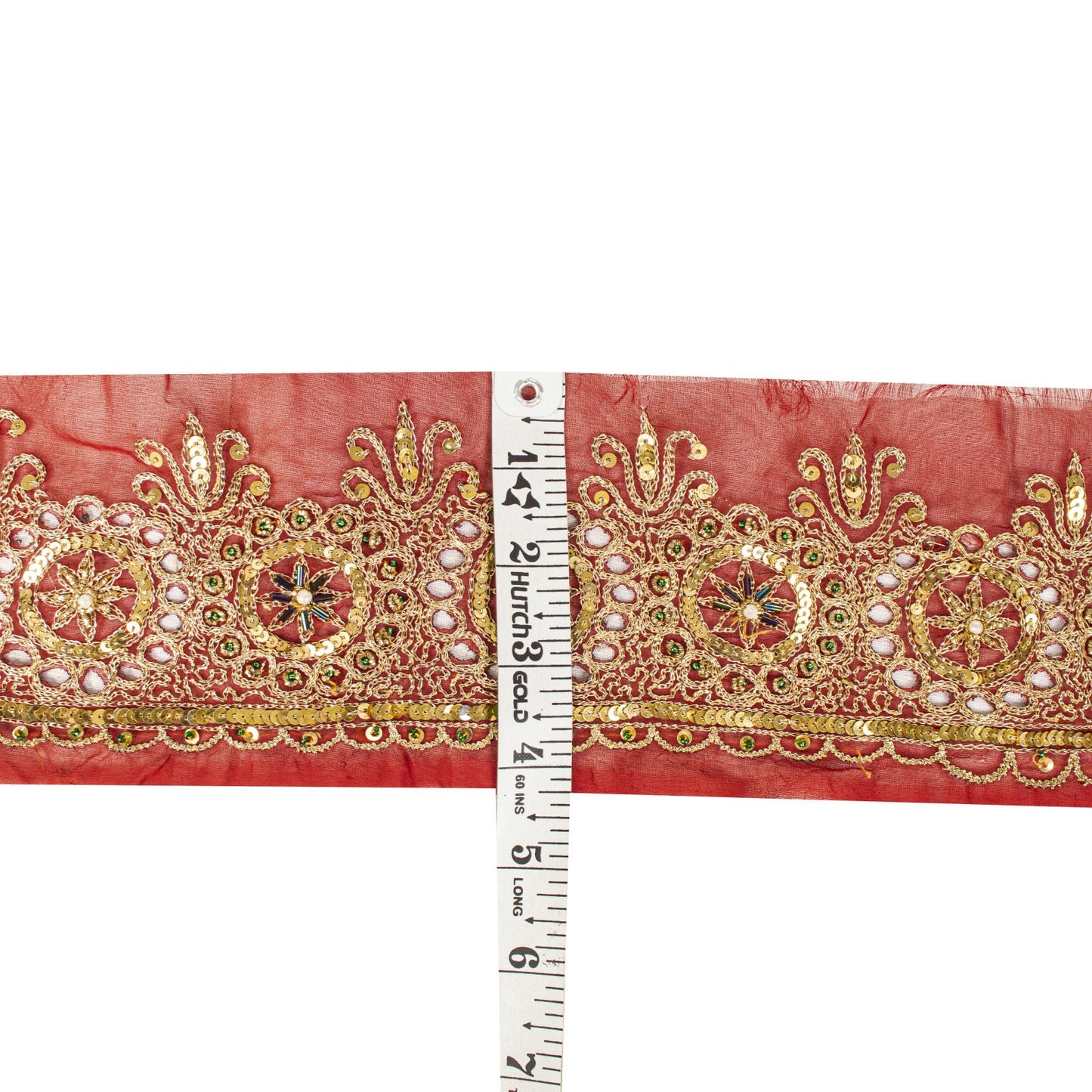 Sanskriti Vintage 1 YD Sari Border Red Georgette Trim Hand Embroidery Zari Lace