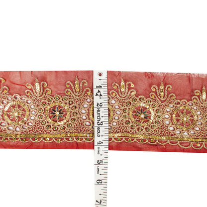 Sanskriti Vintage 1 YD Sari Border Red Georgette Trim Hand Embroidery Zari Lace