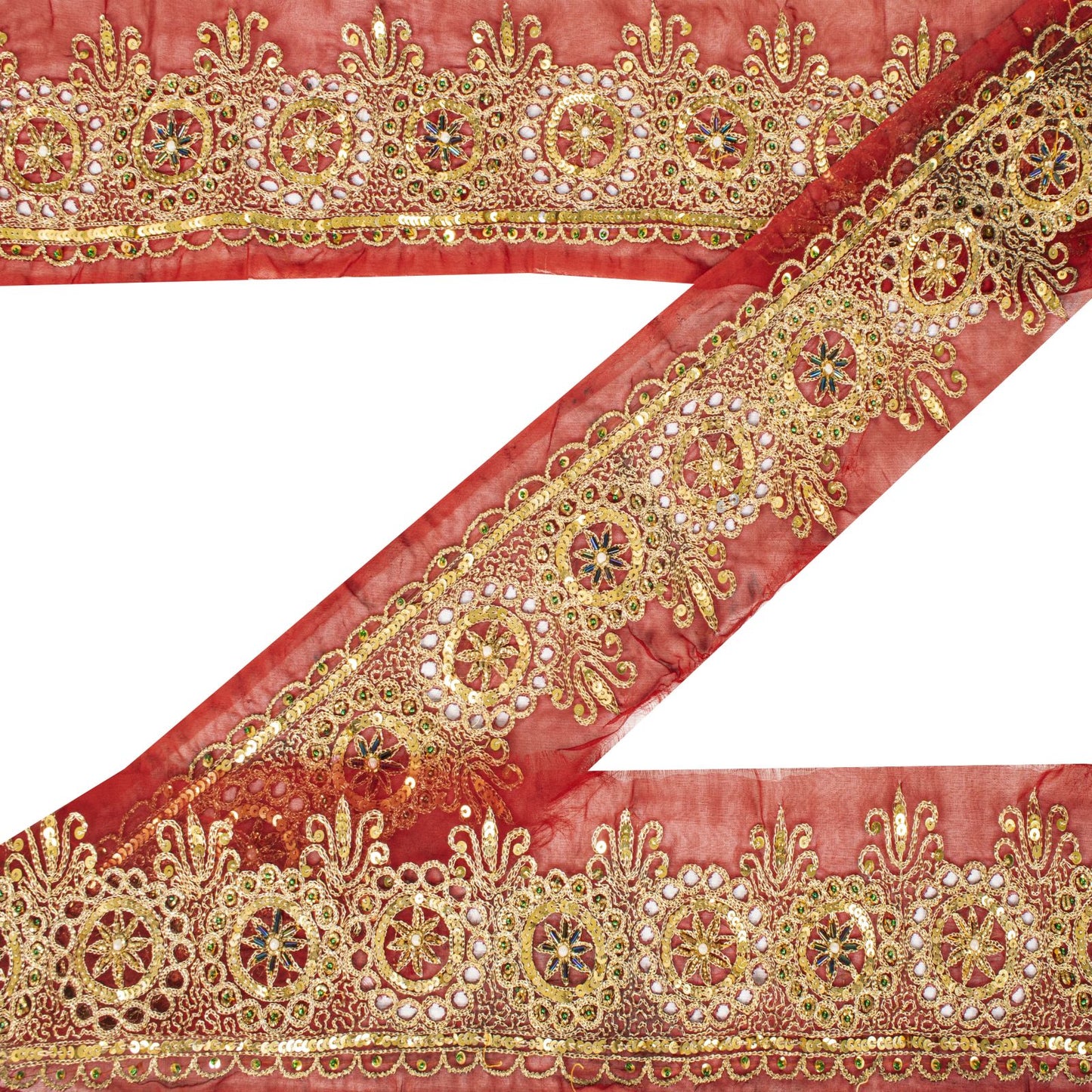 Sanskriti Vintage 1 YD Sari Border Red Georgette Trim Hand Embroidery Zari Lace