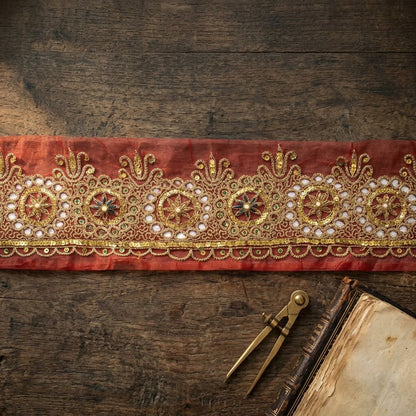 Sanskriti Vintage 1 YD Sari Border Red Georgette Trim Hand Embroidery Zari Lace