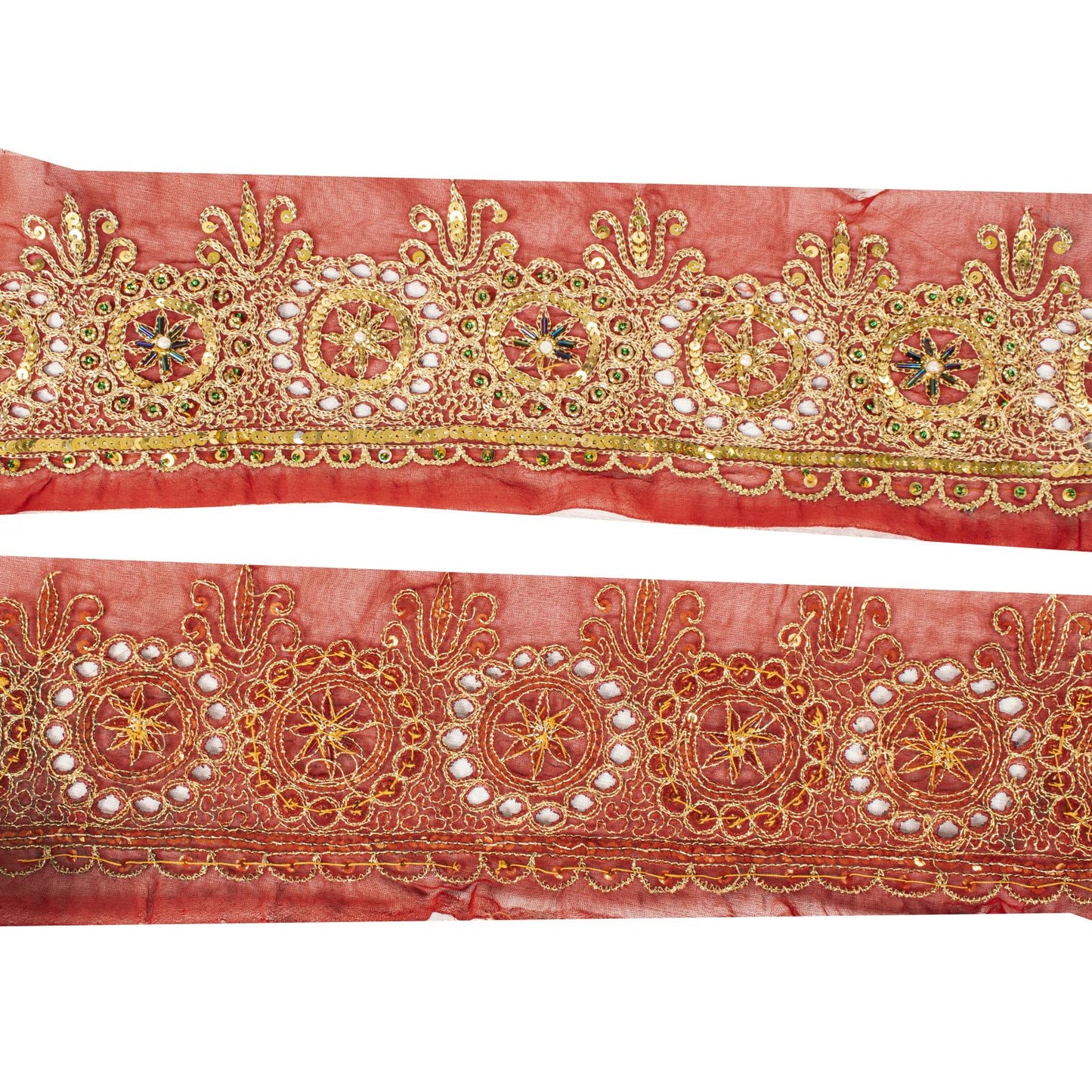 Sanskriti Vintage 1 YD Sari Border Red Georgette Trim Hand Embroidery Zari Lace
