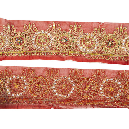 Sanskriti Vintage 1 YD Sari Border Red Georgette Trim Hand Embroidery Zari Lace