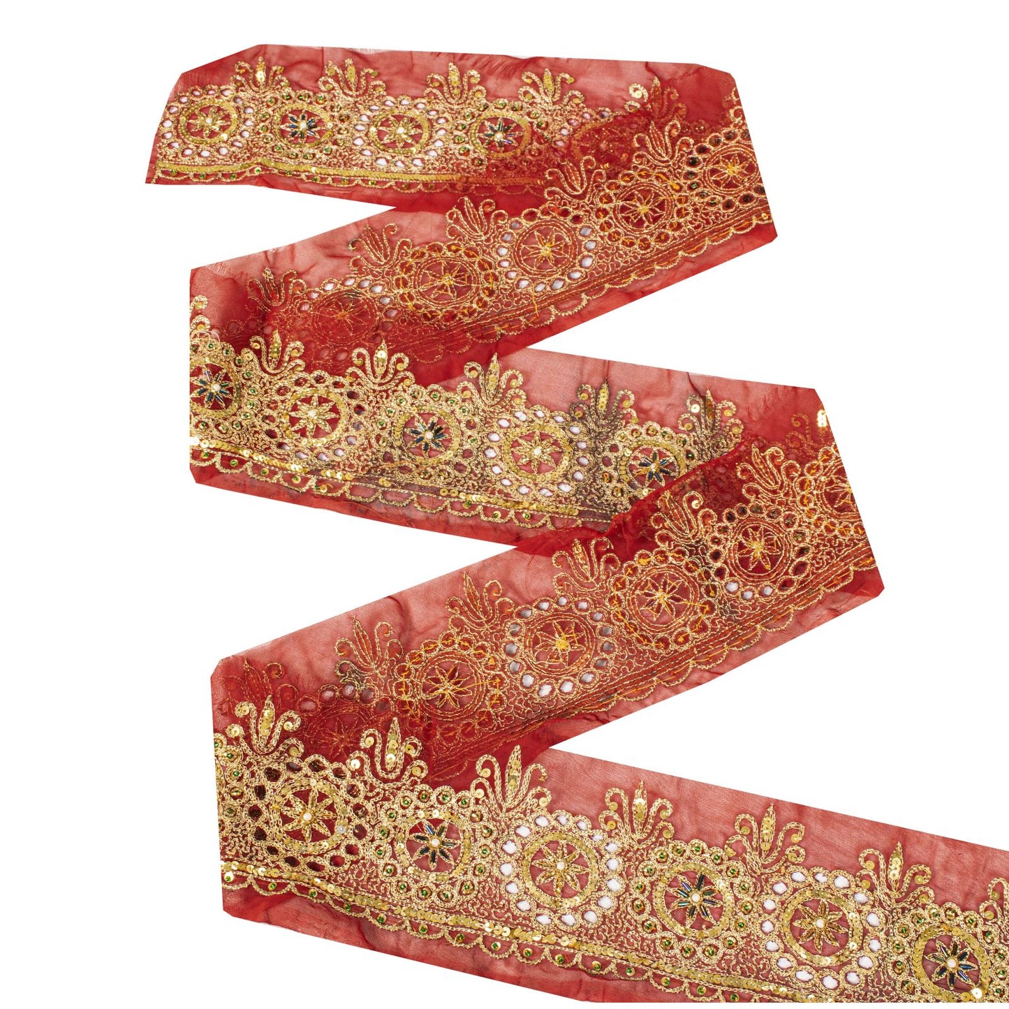 Sanskriti Vintage 1 YD Sari Border Red Georgette Trim Hand Embroidery Zari Lace