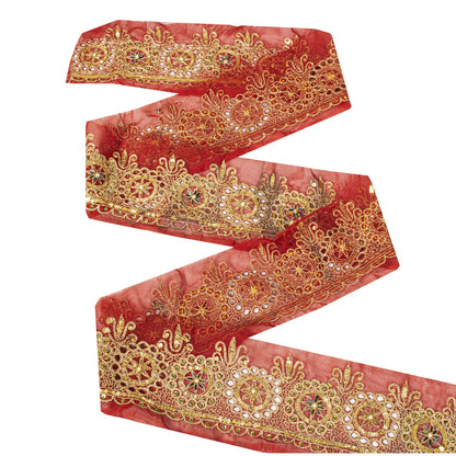 Sanskriti Vintage 1 YD Sari Border Red Georgette Trim Hand Embroidery Zari Lace