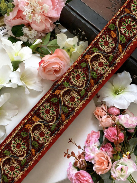 Sanskriti Vintage Orange Georgette 1YD Sari Border Handbead Zari Craft Trim Lace