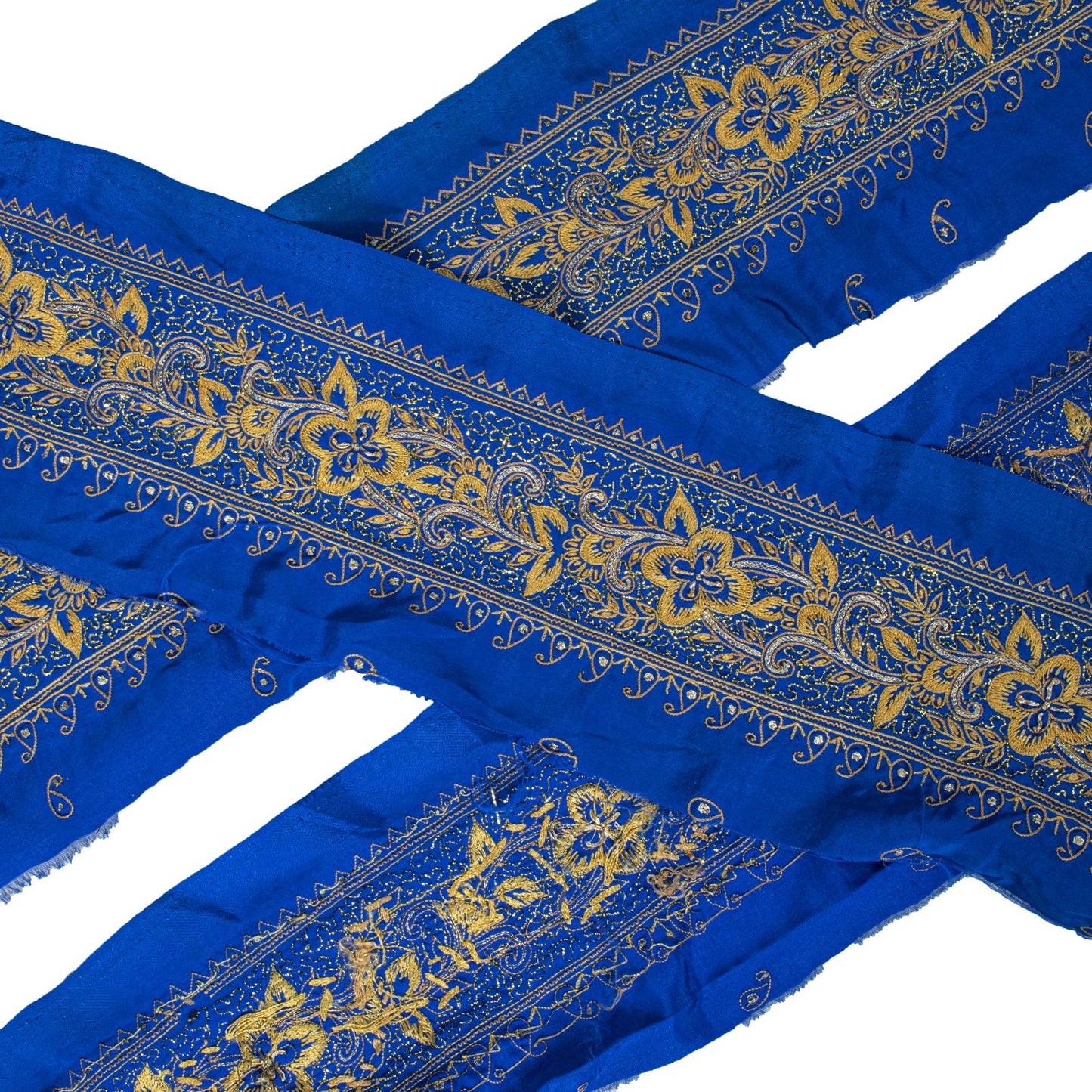 Sanskriti Vintage Blue Silk 1 YD Sari Border Embroidered Craft Trim Thread Lace
