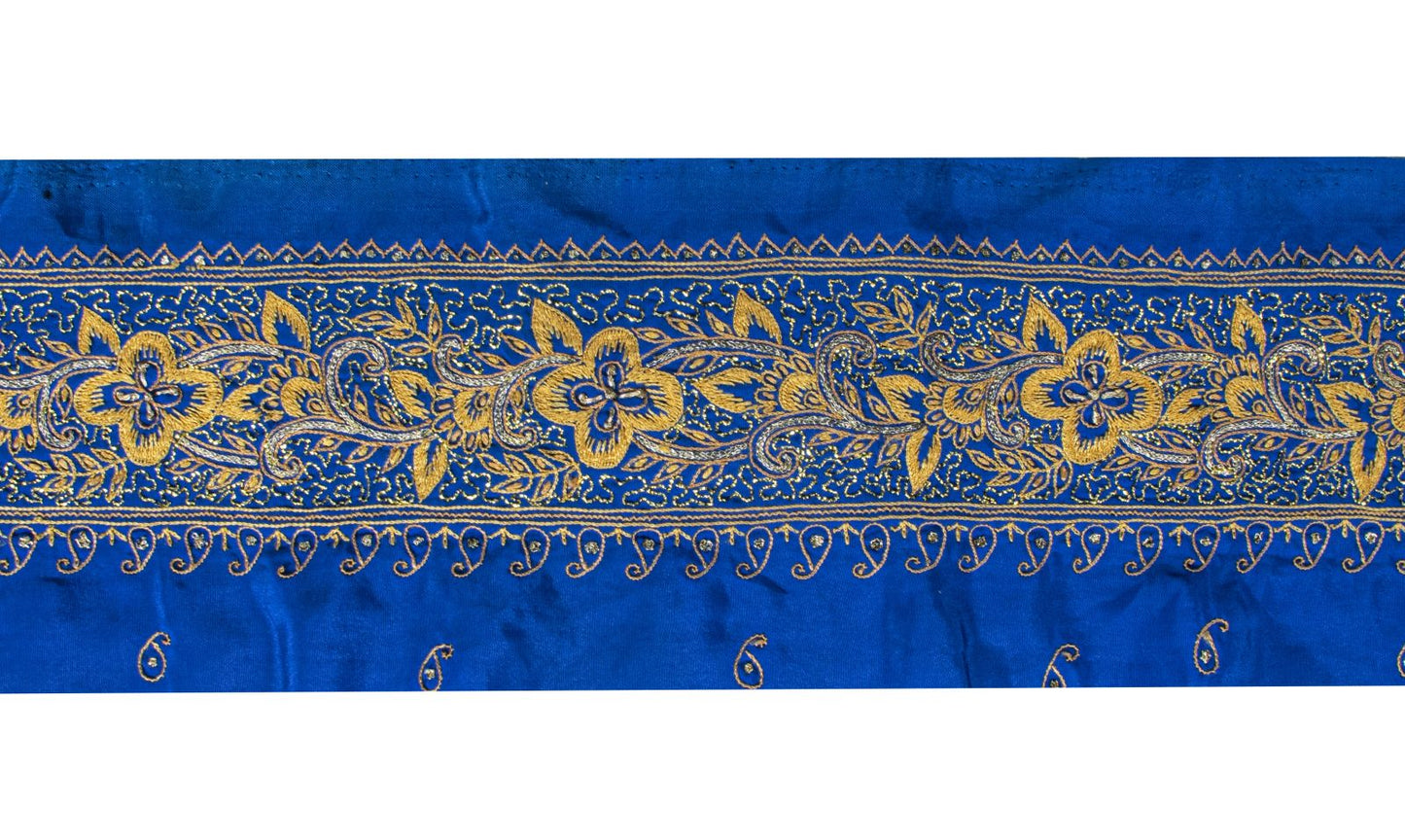 Sanskriti Vintage Blue Silk 1 YD Sari Border Embroidered Craft Trim Thread Lace