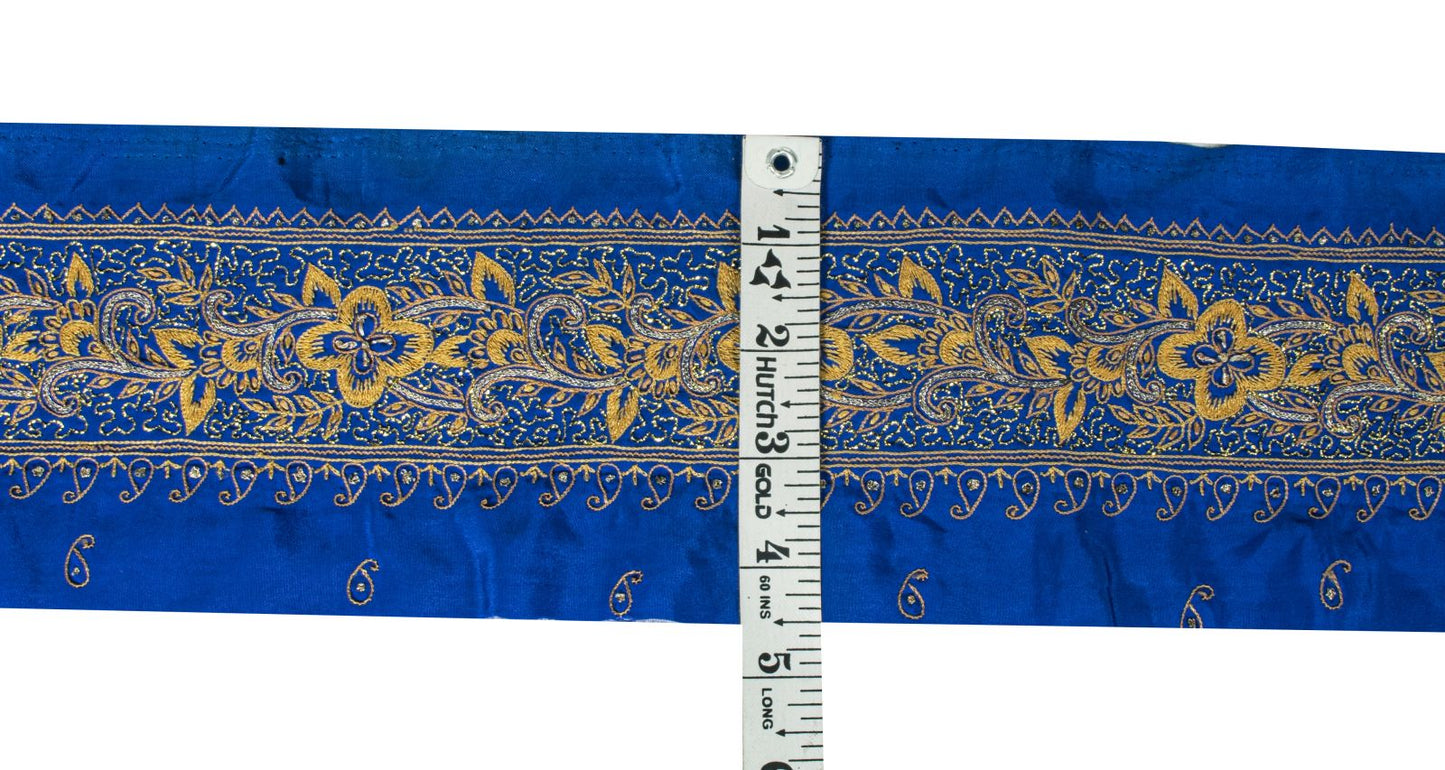 Sanskriti Vintage Blue Silk 1 YD Sari Border Embroidered Craft Trim Thread Lace