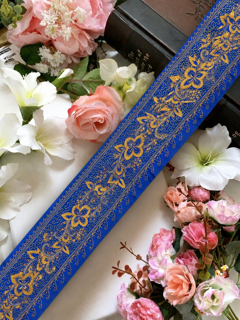 Sanskriti Vintage Blue Silk 1 YD Sari Border Embroidered Craft Trim Thread Lace