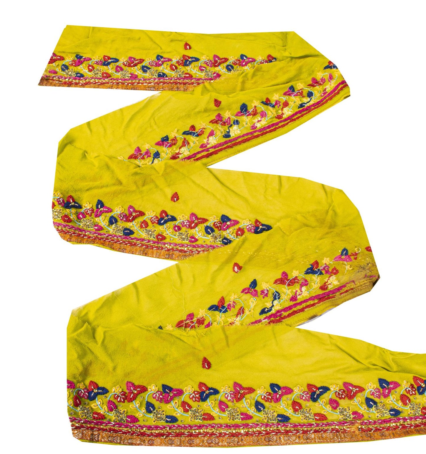 Sanskriti Vintage 1 YD Sari Border Yellow Crepe Silk Hand Embroidered Trim Lace