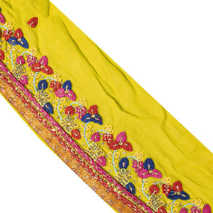 Sanskriti Vintage 1 YD Sari Border Yellow Crepe Silk Hand Embroidered Trim Lace