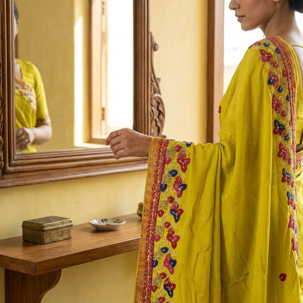 Sanskriti Vintage 1 YD Sari Border Yellow Crepe Silk Hand Embroidered Trim Lace