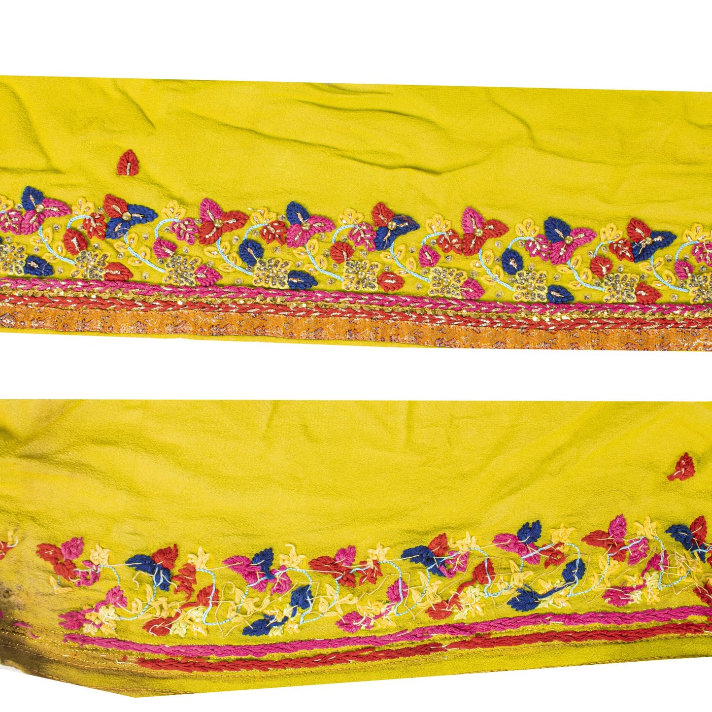 Sanskriti Vintage 1 YD Sari Border Yellow Crepe Silk Hand Embroidered Trim Lace