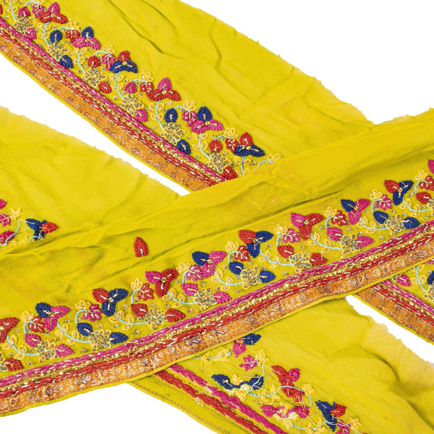 Sanskriti Vintage 1 YD Sari Border Yellow Crepe Silk Hand Embroidered Trim Lace