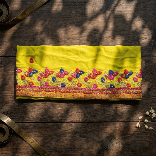Sanskriti Vintage 1 YD Sari Border Yellow Crepe Silk Hand Embroidered Trim Lace