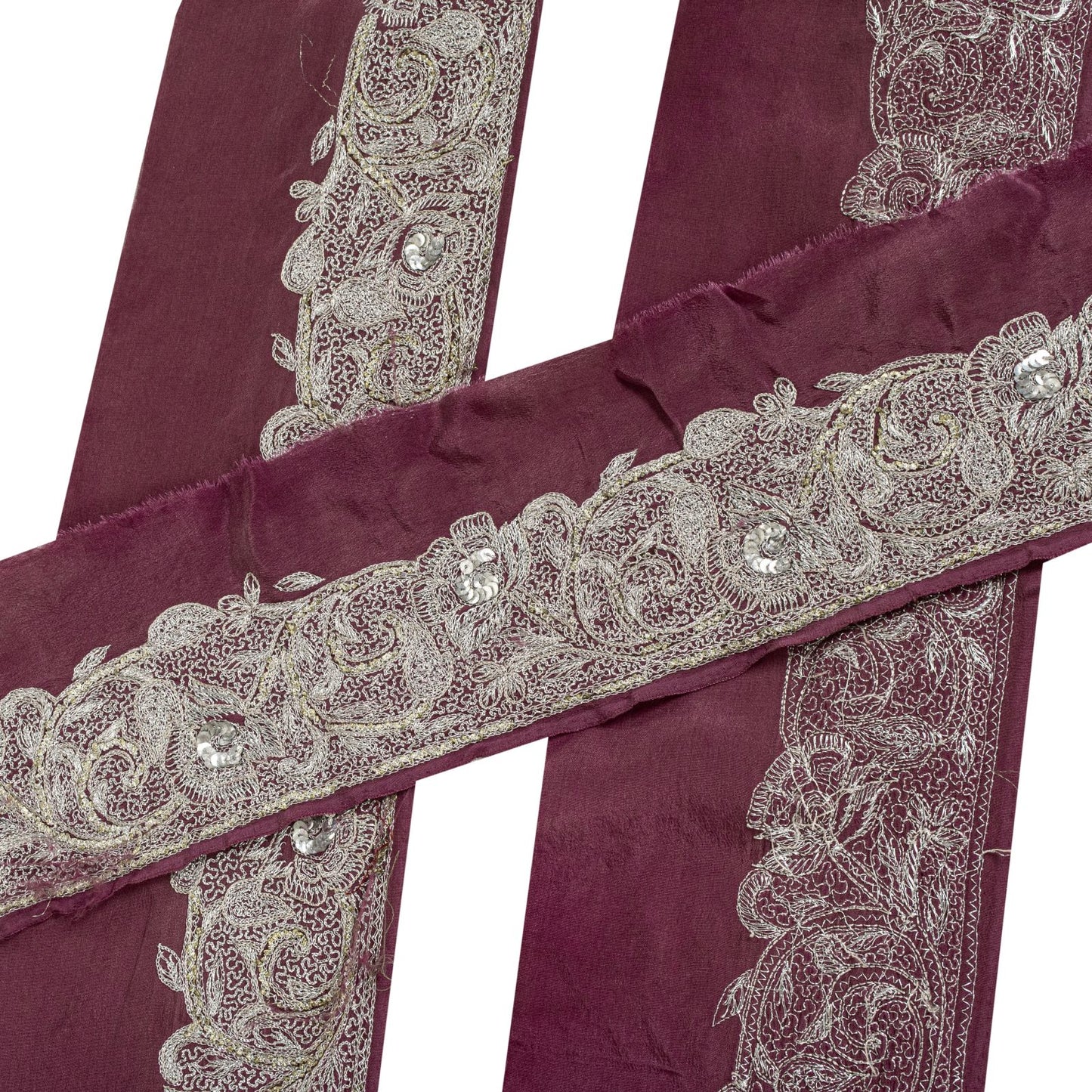 Sanskriti Vintage Purple Pure Silk 1 YD Sari Border Embroidered Zari Trim Lace