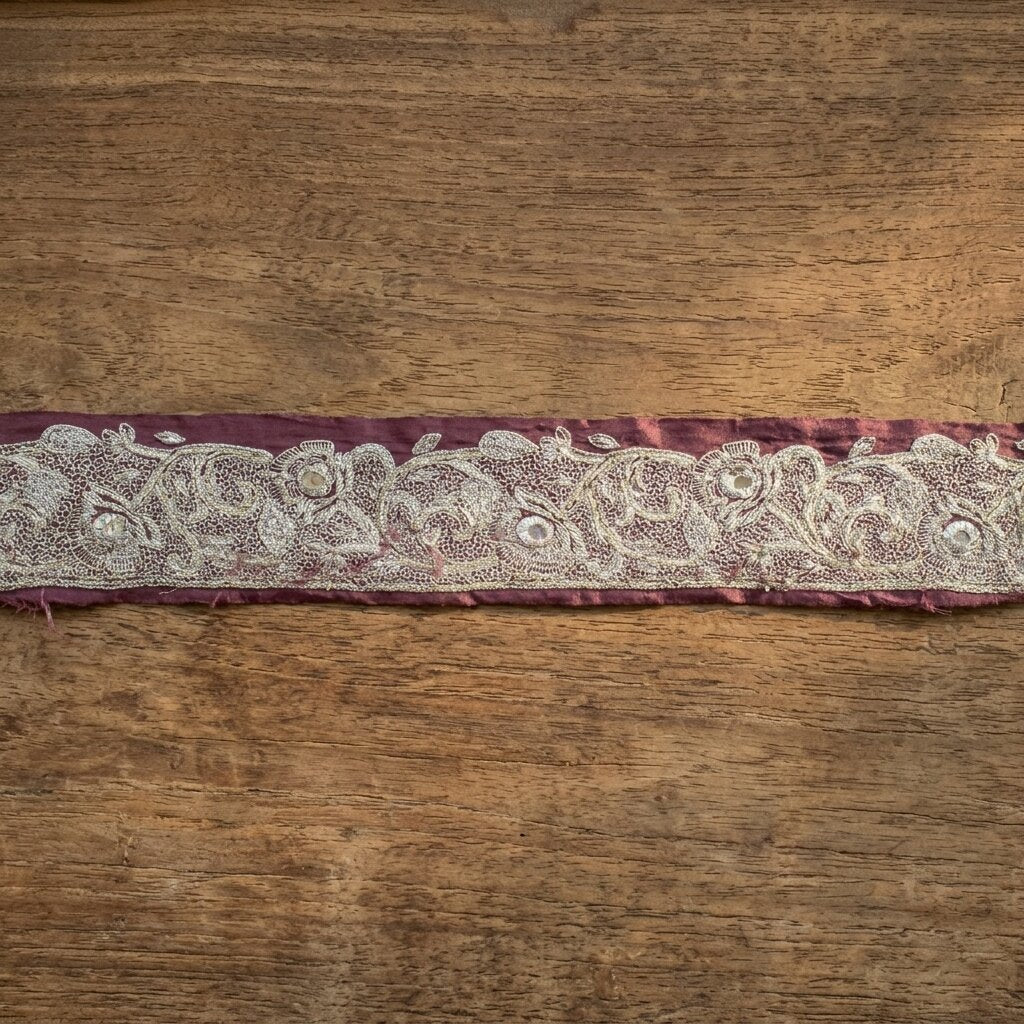 Sanskriti Vintage Purple Pure Silk 1 YD Sari Border Embroidered Zari Trim Lace