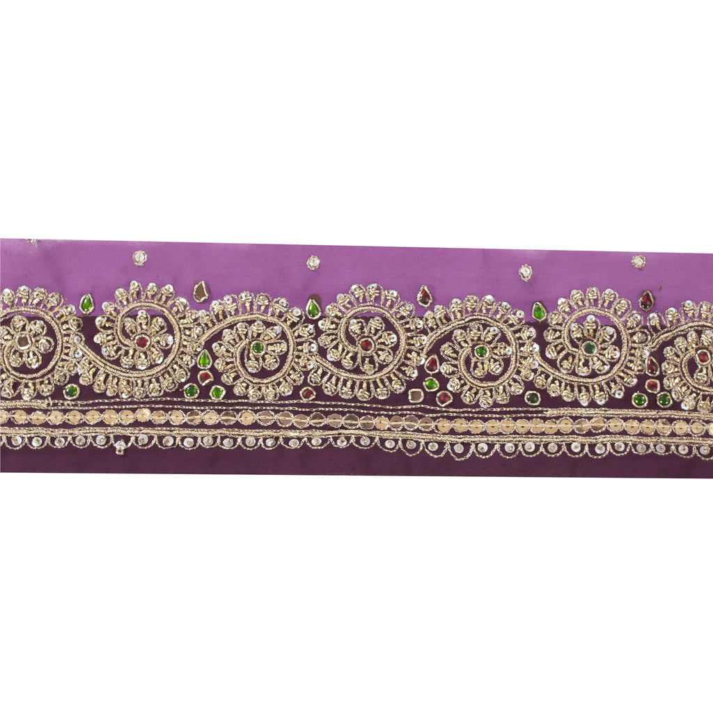 Sanskriti Vintage Sari Border Hand Beaded Zardozi 1 YD Trim Sewing Purple Lace