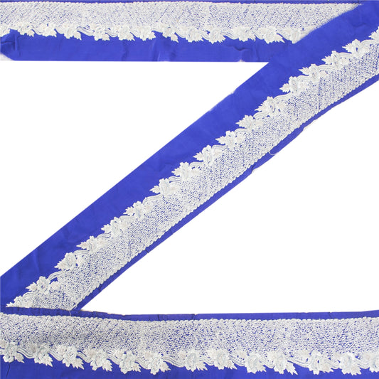 Sanskriti Vintage 1 YD Sari Border Embroidered Trim Satin Craft Blue Decor Lace