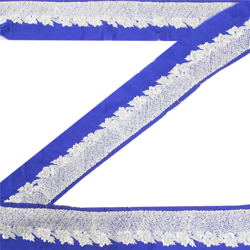 Sanskriti Vintage 1 YD Sari Border Embroidered Trim Satin Craft Blue Decor Lace