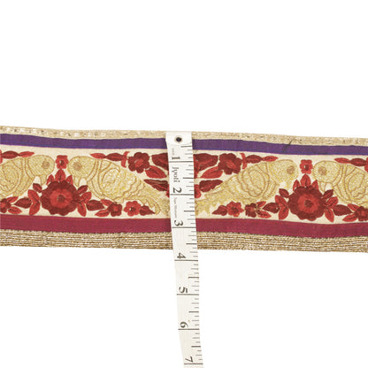 Sanskriti Vintage Sari Border Embroidered 1 YD Trim Silk Sewing Craft Cream Lace