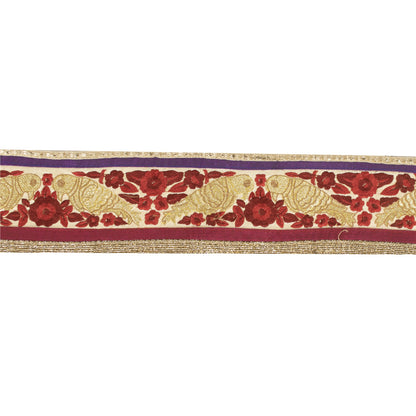 Sanskriti Vintage Sari Border Embroidered 1 YD Trim Silk Sewing Craft Cream Lace
