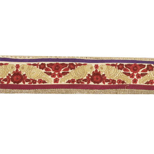 Sanskriti Vintage Sari Border Embroidered 1 YD Trim Silk Sewing Craft Cream Lace