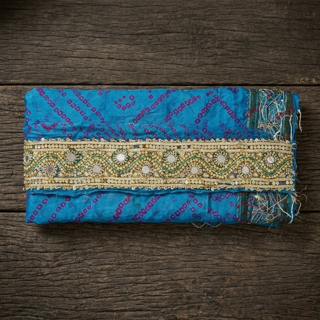 Sanskriti Vintage 1 YD Sari Border Blue Pure Silk Hand Beaded Mirror Craft Trim