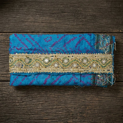Sanskriti Vintage 1 YD Sari Border Blue Pure Silk Hand Beaded Mirror Craft Trim
