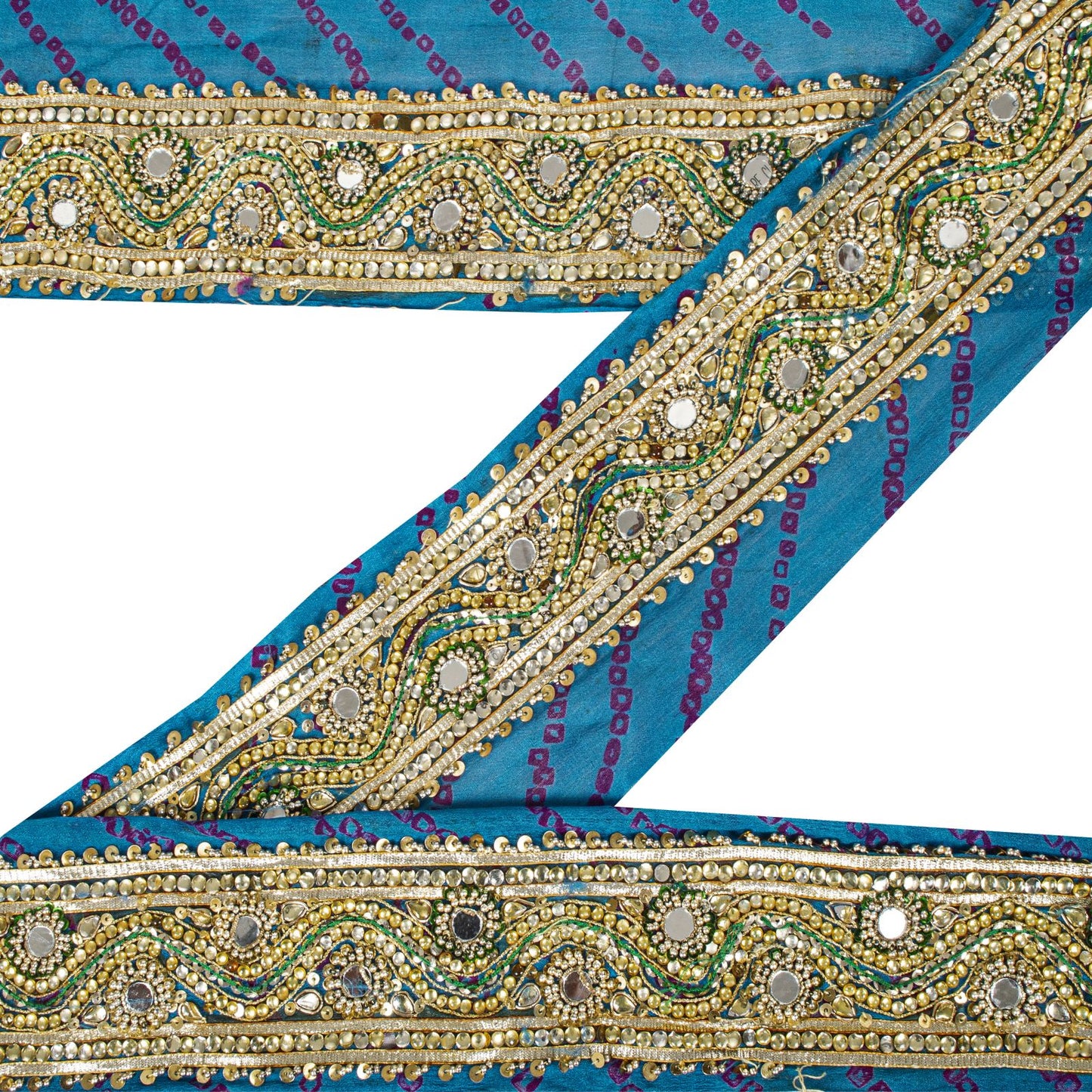 Sanskriti Vintage 1 YD Sari Border Blue Pure Silk Hand Beaded Mirror Craft Trim