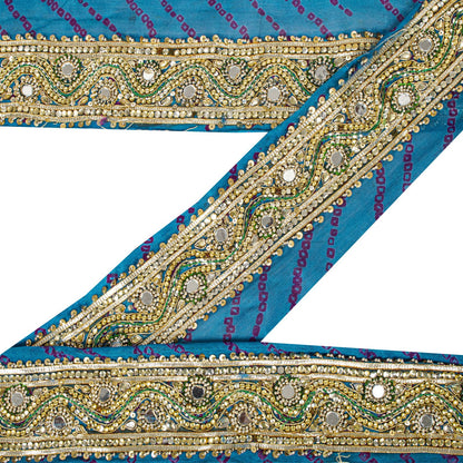 Sanskriti Vintage 1 YD Sari Border Blue Pure Silk Hand Beaded Mirror Craft Trim