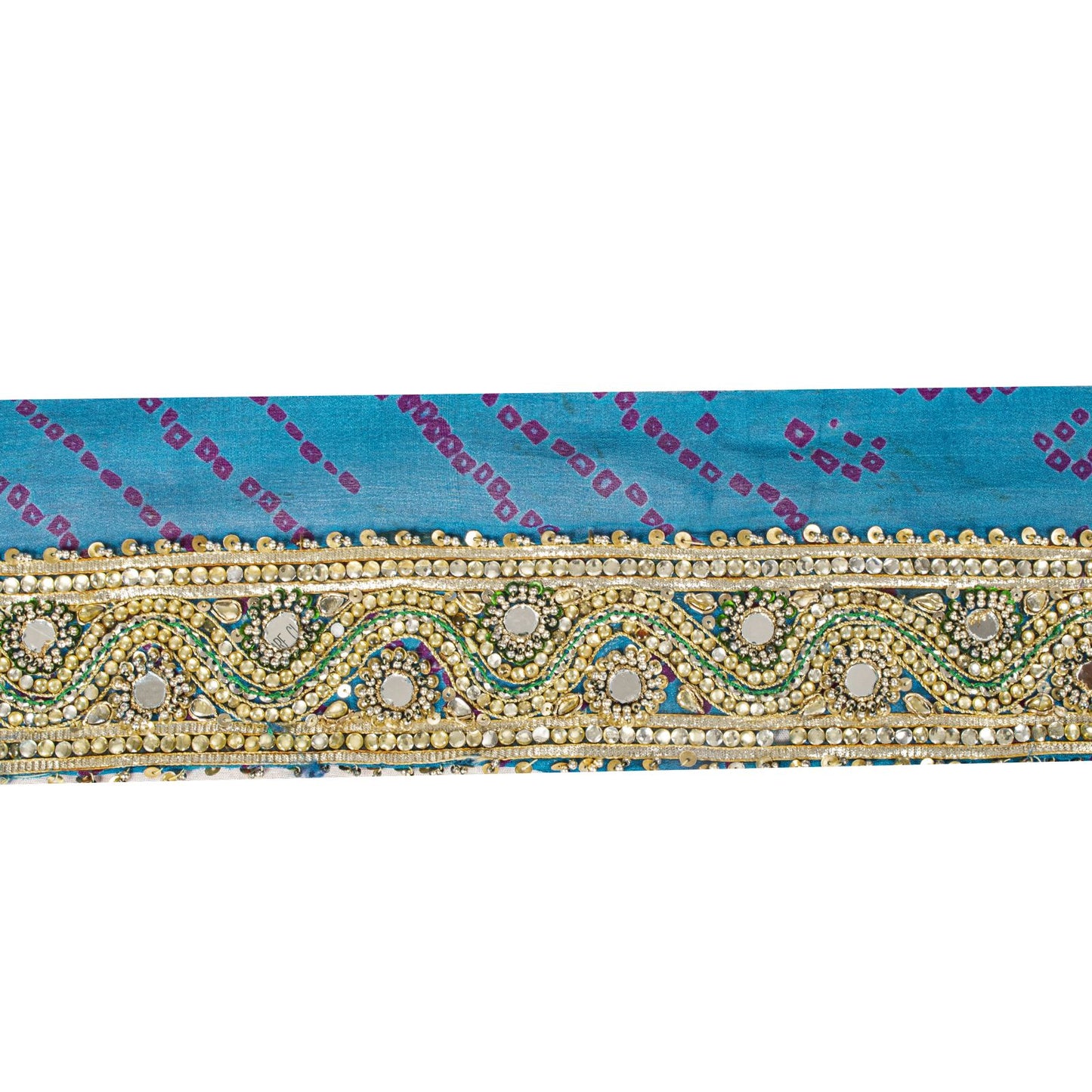 Sanskriti Vintage 1 YD Sari Border Blue Pure Silk Hand Beaded Mirror Craft Trim