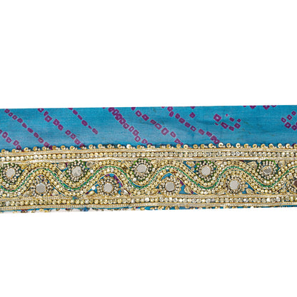 Sanskriti Vintage 1 YD Sari Border Blue Pure Silk Hand Beaded Mirror Craft Trim
