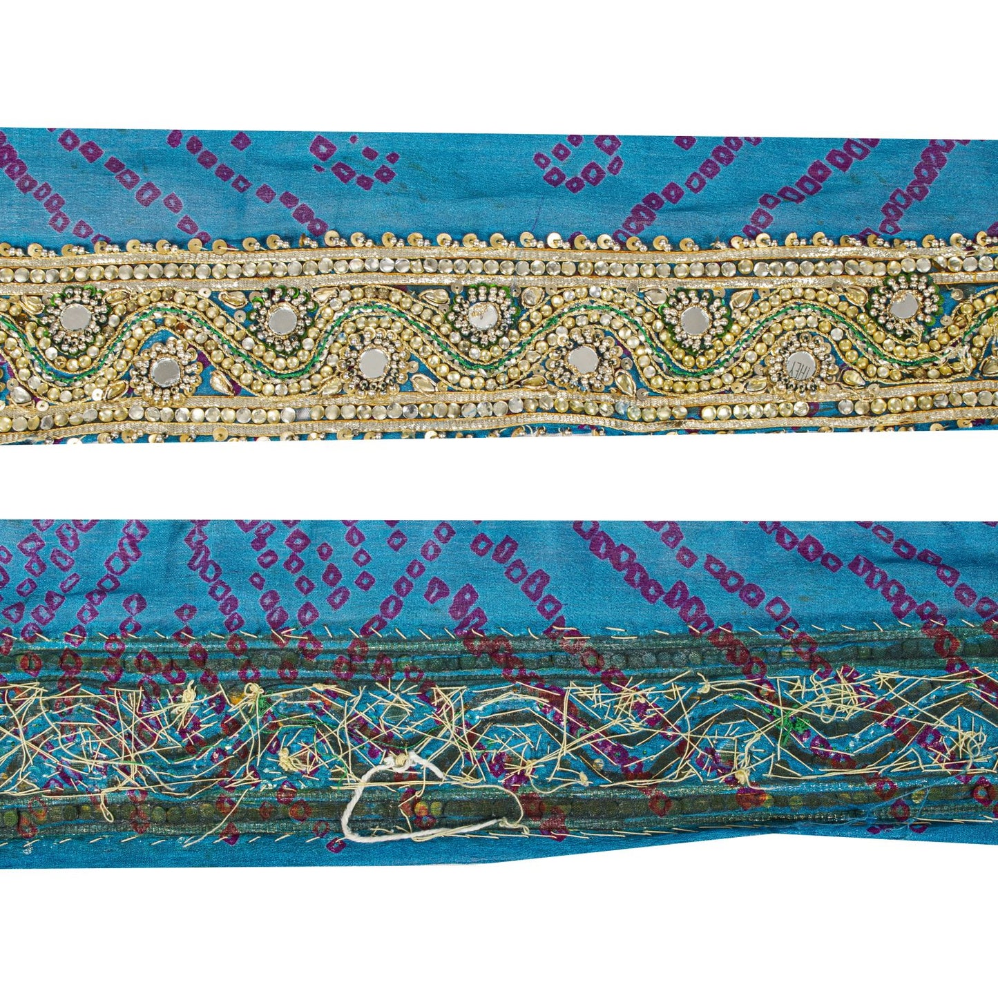 Sanskriti Vintage 1 YD Sari Border Blue Pure Silk Hand Beaded Mirror Craft Trim