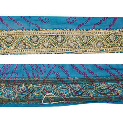 Sanskriti Vintage 1 YD Sari Border Blue Pure Silk Hand Beaded Mirror Craft Trim