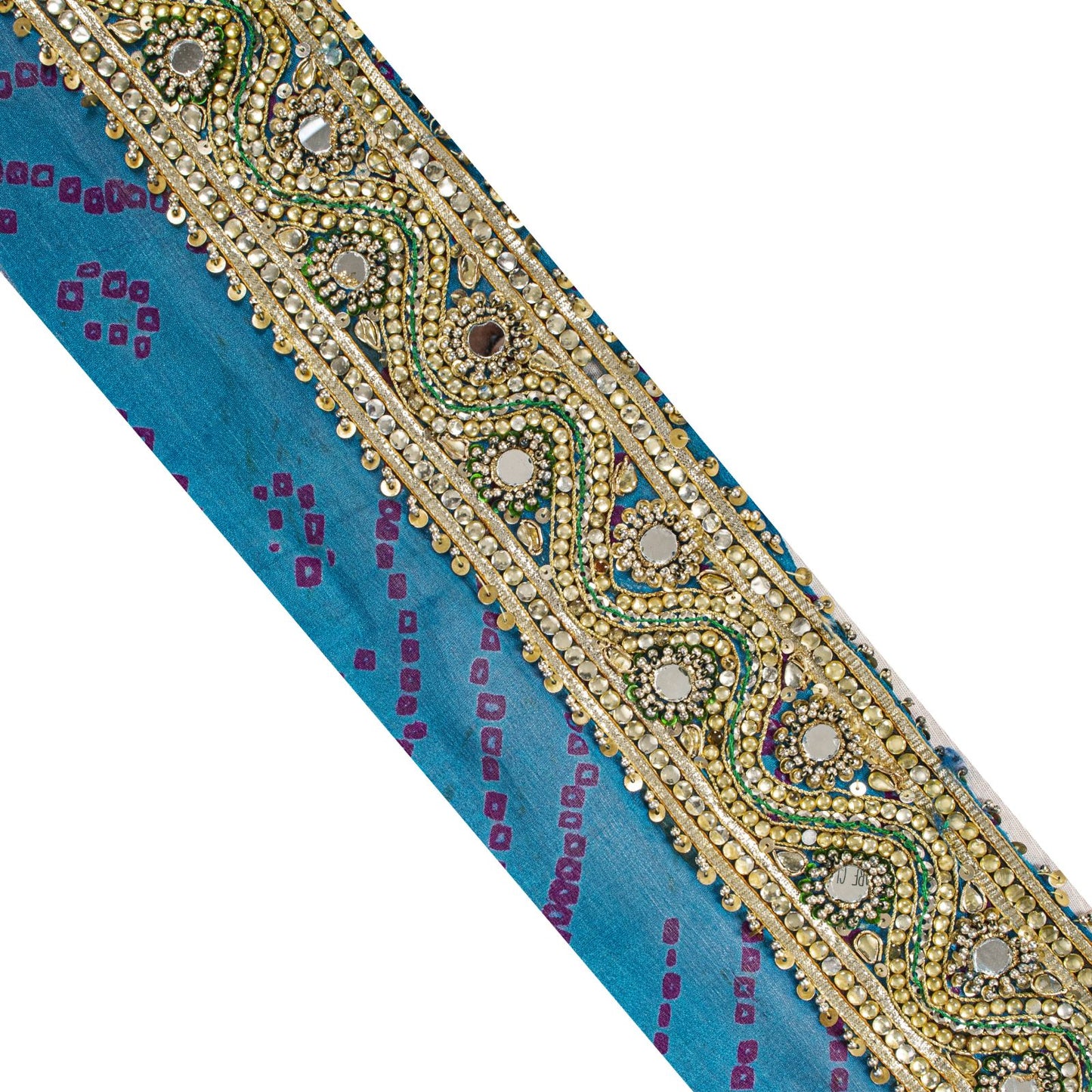 Sanskriti Vintage 1 YD Sari Border Blue Pure Silk Hand Beaded Mirror Craft Trim