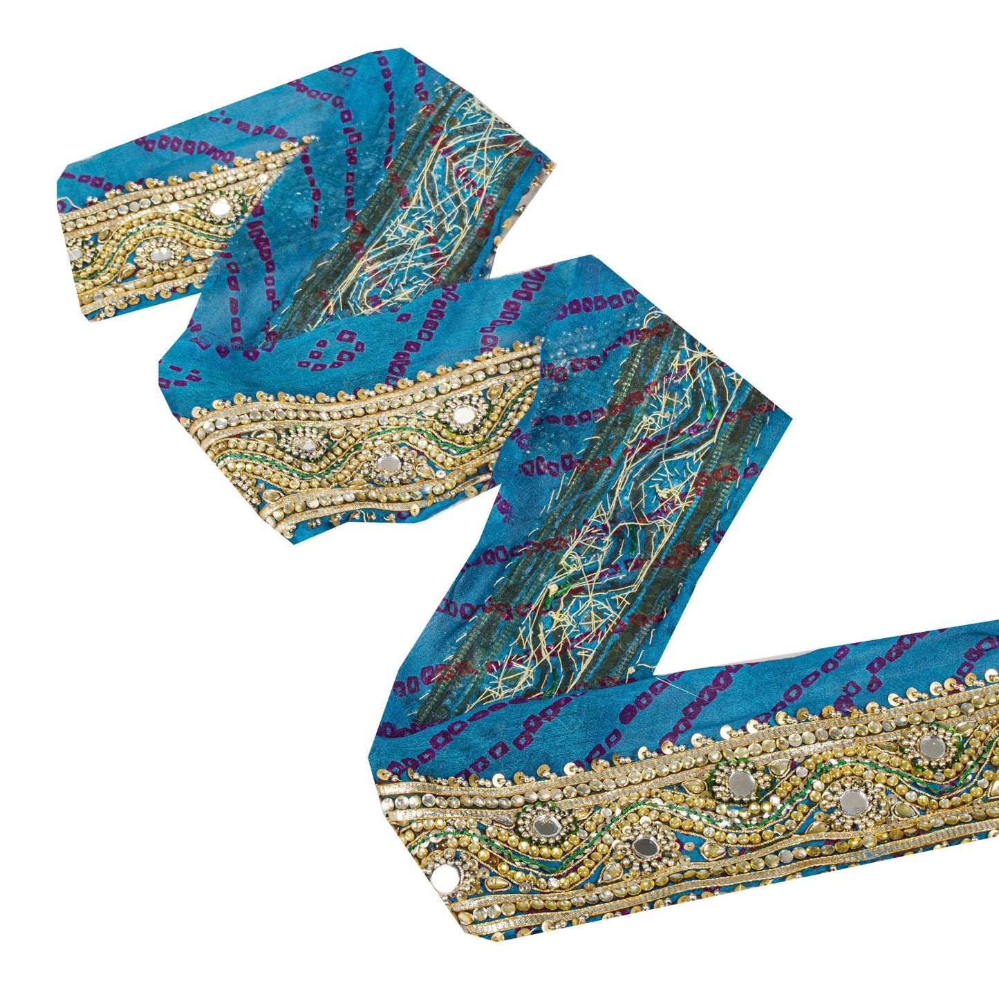 Sanskriti Vintage 1 YD Sari Border Blue Pure Silk Hand Beaded Mirror Craft Trim