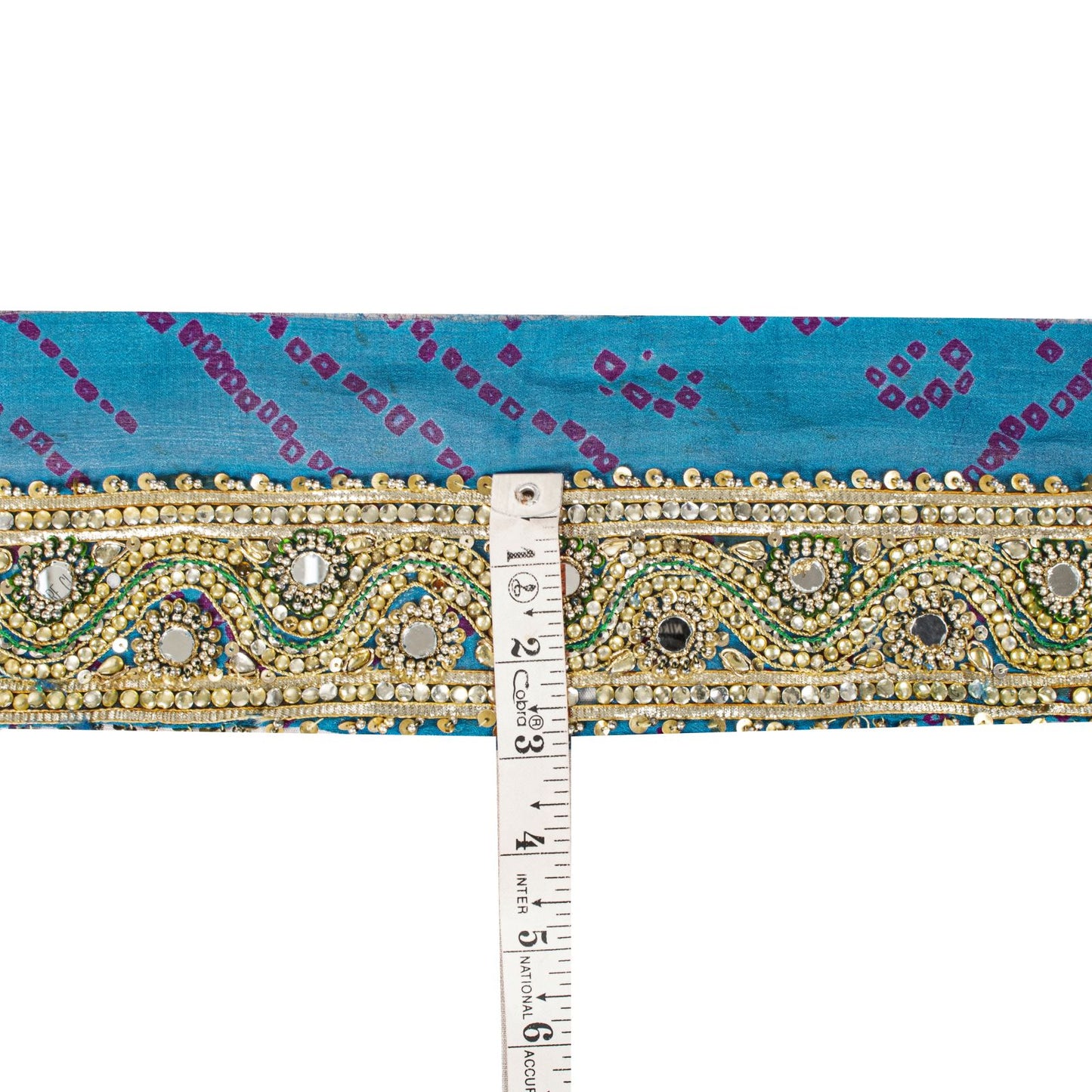 Sanskriti Vintage 1 YD Sari Border Blue Pure Silk Hand Beaded Mirror Craft Trim