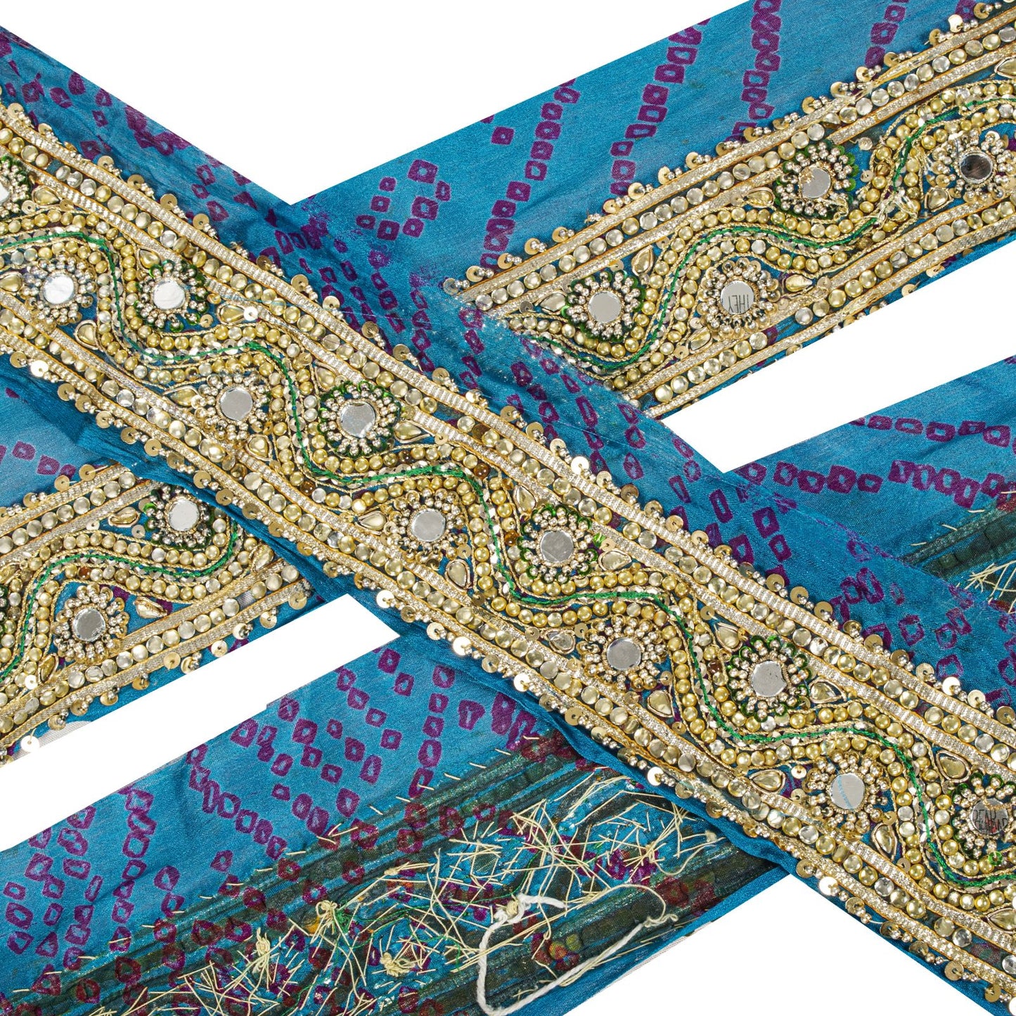 Sanskriti Vintage 1 YD Sari Border Blue Pure Silk Hand Beaded Mirror Craft Trim