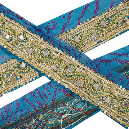 Sanskriti Vintage 1 YD Sari Border Blue Pure Silk Hand Beaded Mirror Craft Trim