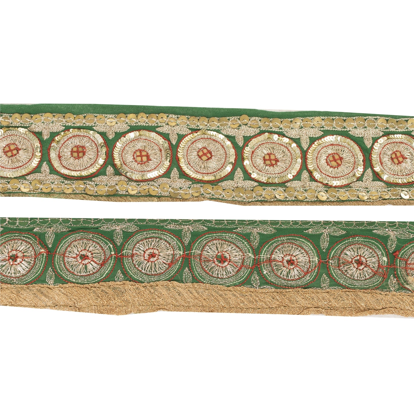 Sanskriti Vintage 1 YD Sari Border Embroidered Sequins Trim Georgette Green Lace