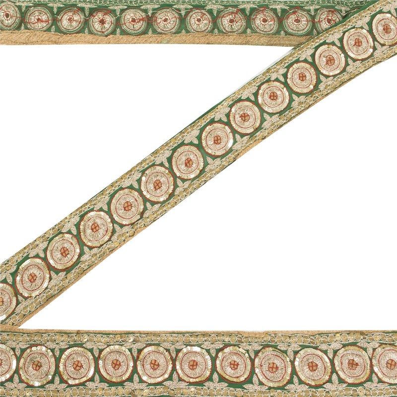 Sanskriti Vintage 1 YD Sari Border Embroidered Sequins Trim Georgette Green Lace