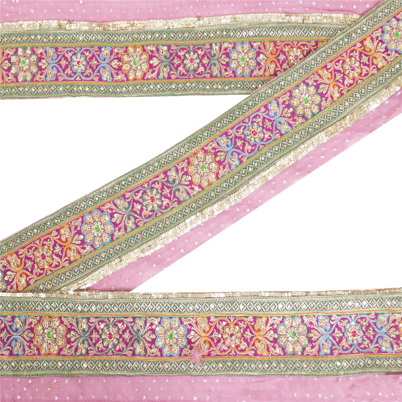 Sanskriti Vintage Sari Border Hand Beaded 1 YD Trim Sewing Craft Pink Decor Lace
