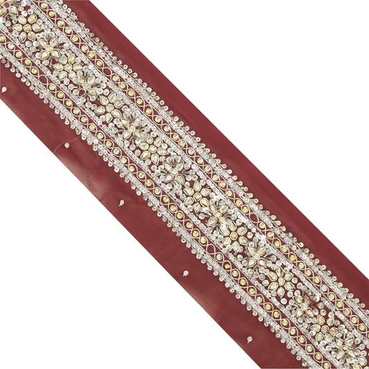 Sanskriti Vintage Sari Border Hand Beaded 1 YD Trim Sewing Craft Red Decor Lace