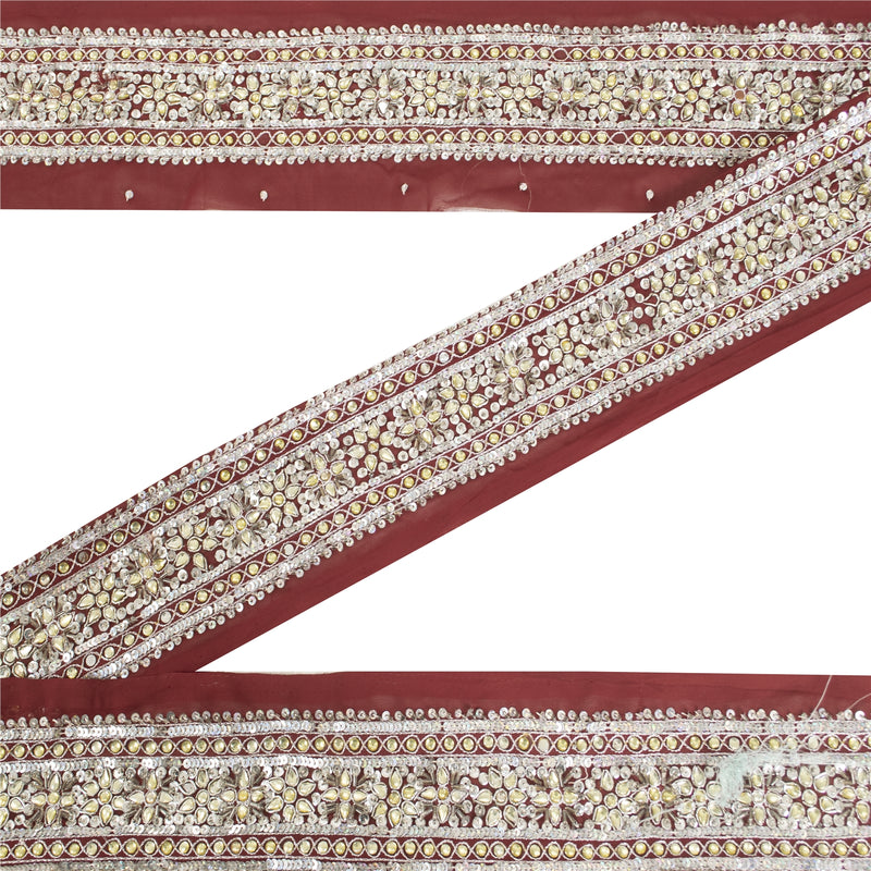 Sanskriti Vintage Sari Border Hand Beaded 1 YD Trim Sewing Craft Red Decor Lace