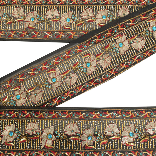 Sanskriti Vintage Sari Border Hand Beaded 1YD Trim Sewing Craft Black Decor Lace