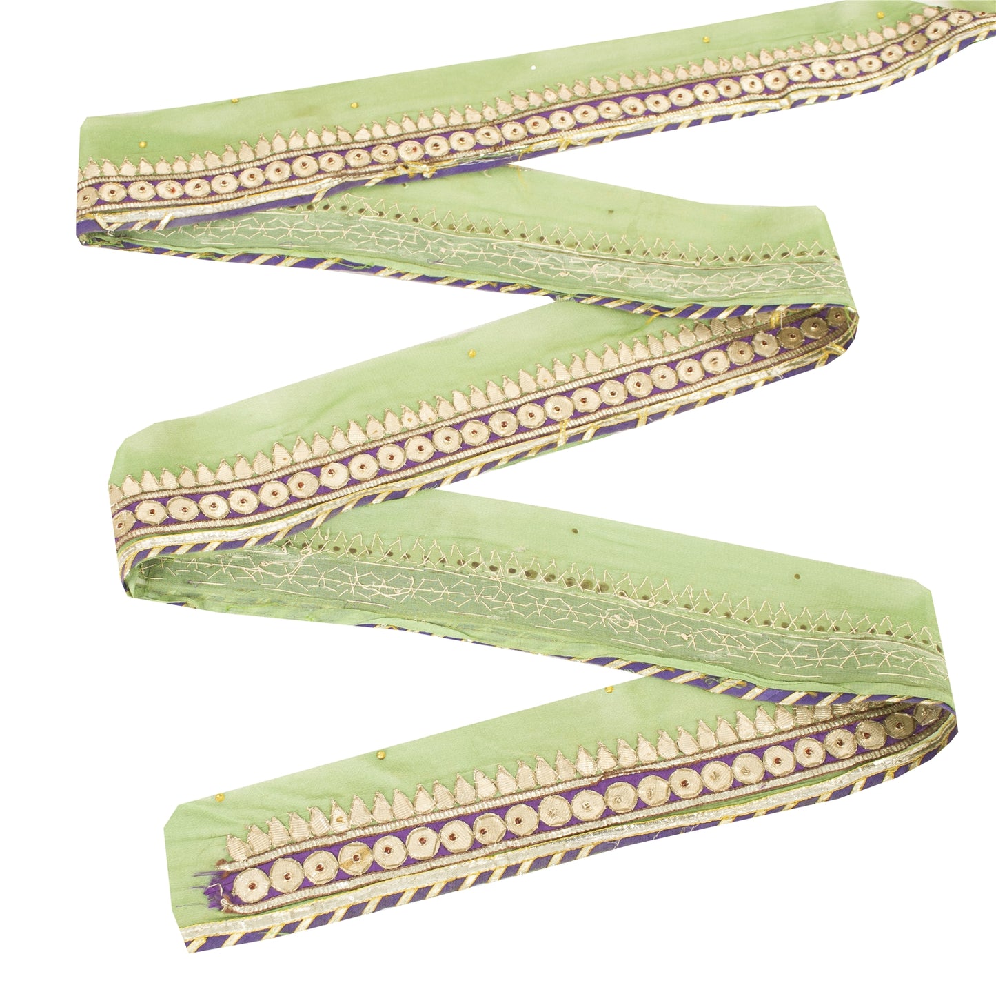 Sanskriti Vintage Sari Border Hand Embroidered Gota Patti Green 1 YD Trim Lace